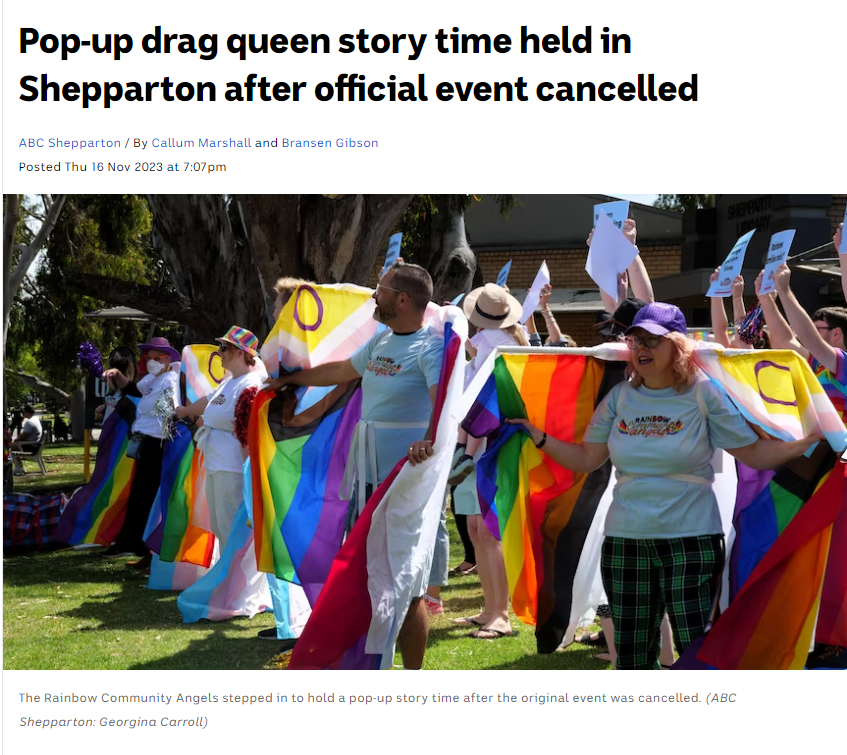 ABC NEWS

Over 100 locals turned up for the Pop-Up Rainbow Storytime outside the Shepparton Library after the decision as made to cancel the event.

